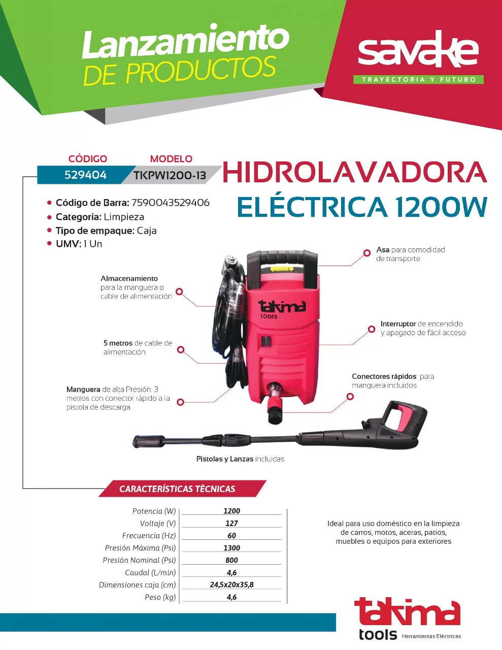 Hidrolavadora Eléctrica 1200W Takima – Limpieza Rápida y Eficiente