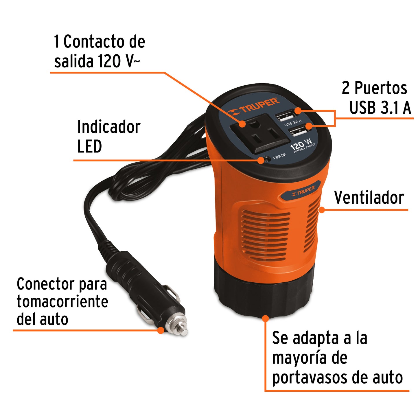 Inversor de Corriente 120W | Truper | Eficiencia y Versatilidad en el Auto